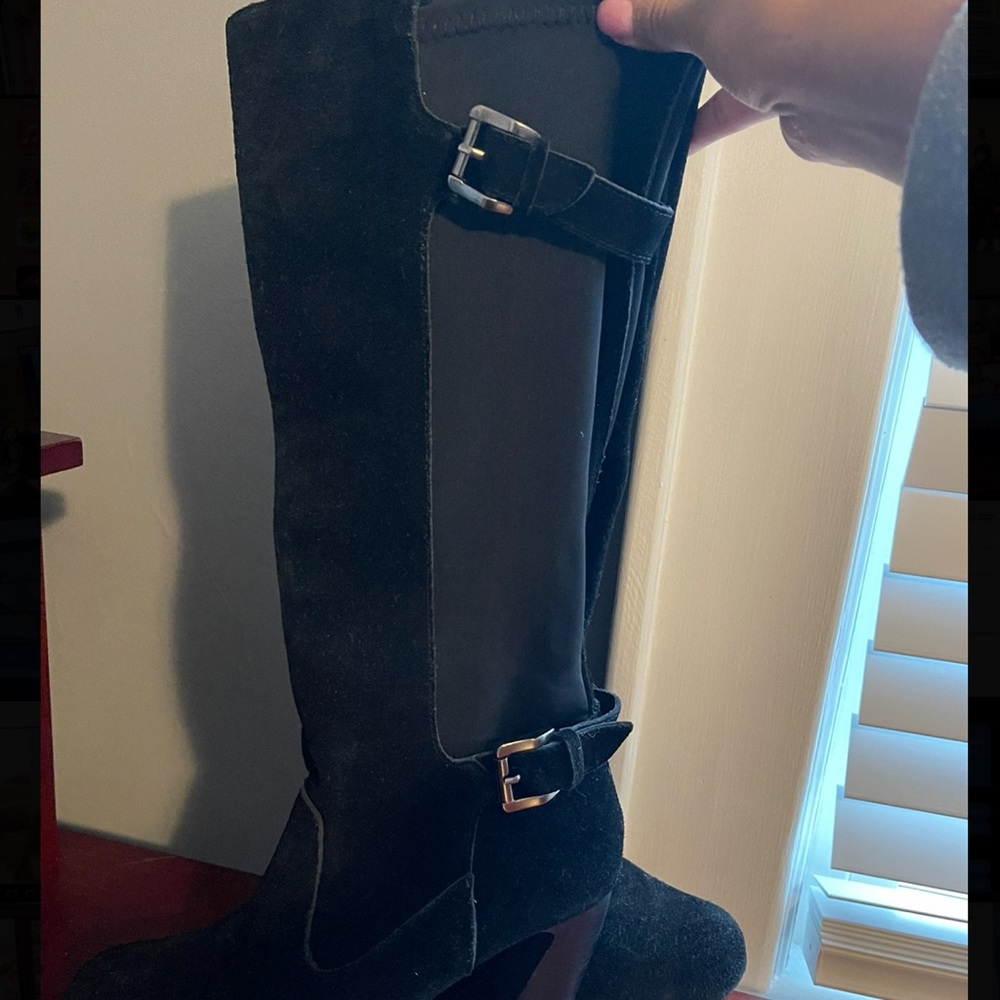 Black Tall Heeled Boots with Buckles Two Lips 10M